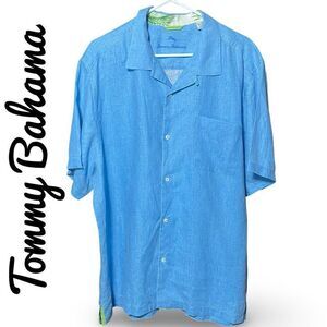 TOMMY BAHAMA 100% Linen Button Down Shirt, Short Sleeves, Baby Blue, Size XL